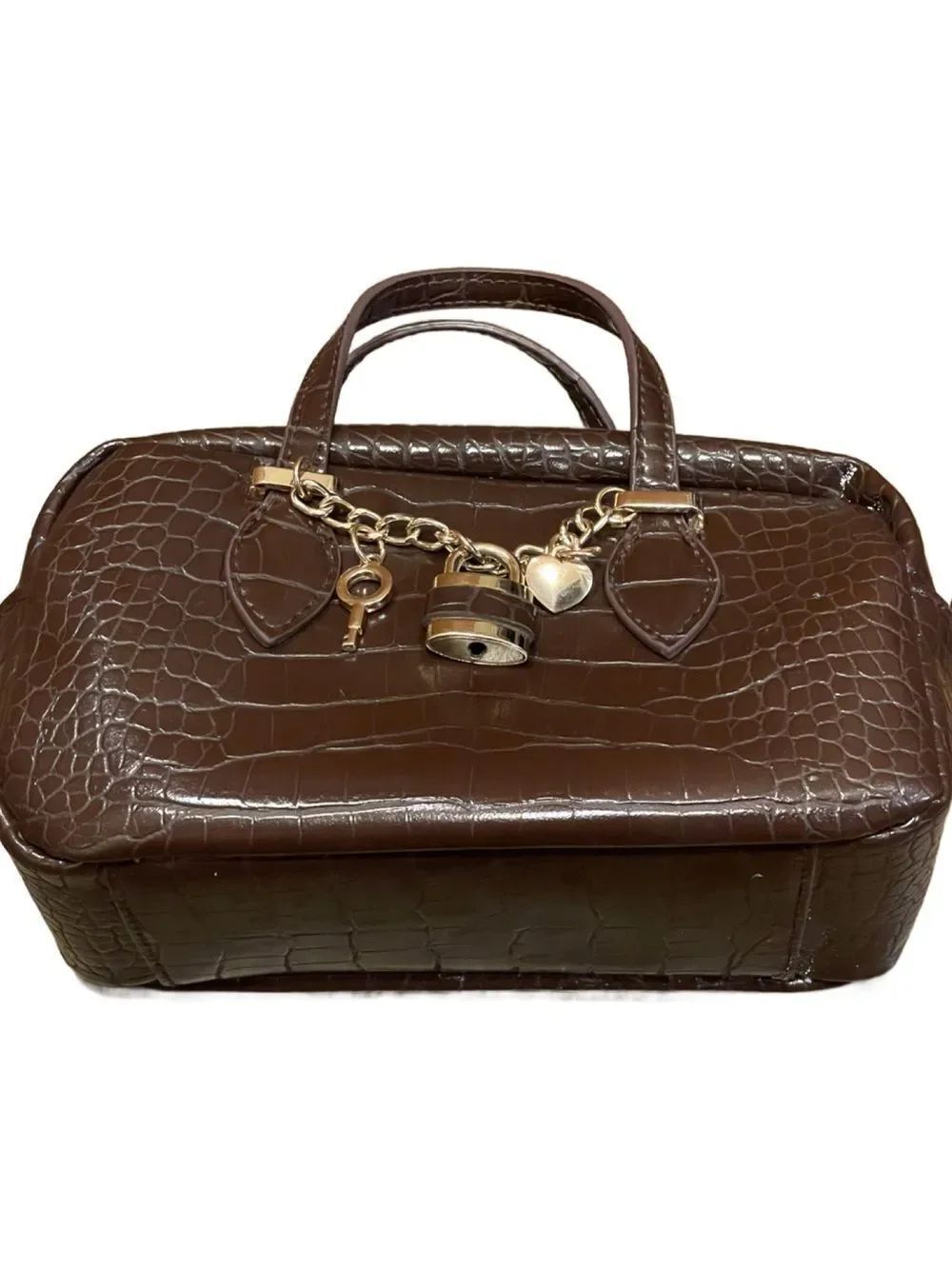 A NewβDay Classic Croc-Embossed Deep Chocolate Brown Faux Leather Small Satchel